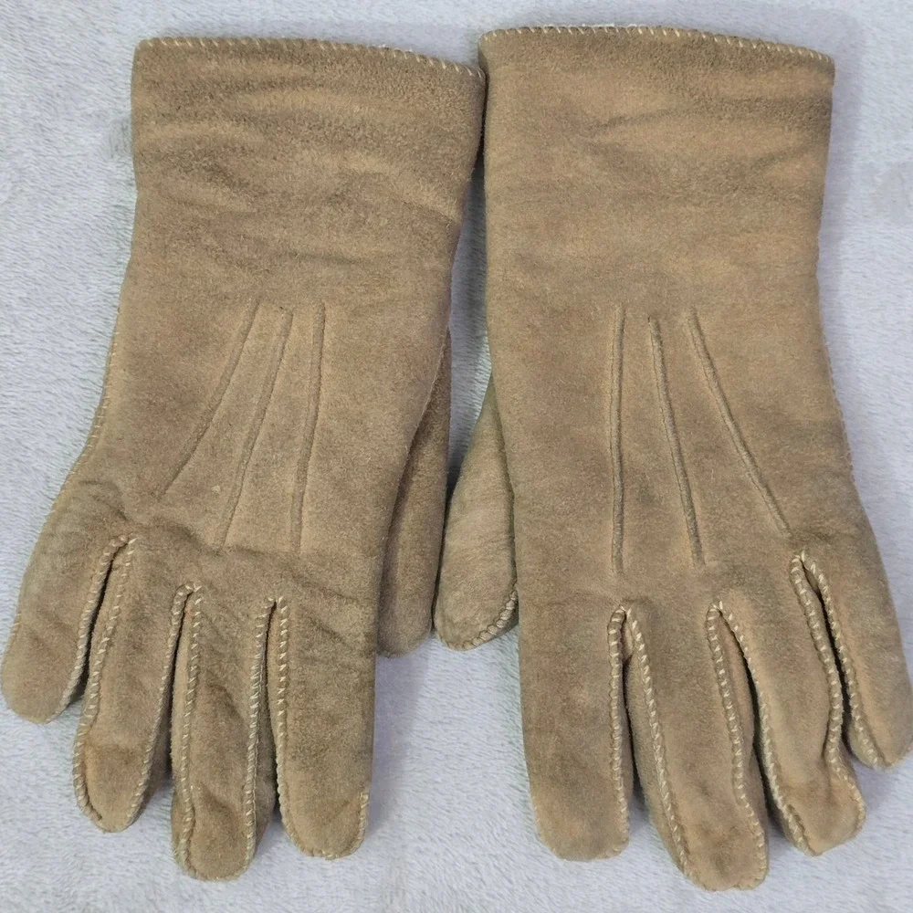 Vintage Women's Sta-Soft Buckskin Gloves‎ S Taupe Suede Sherpa Lined